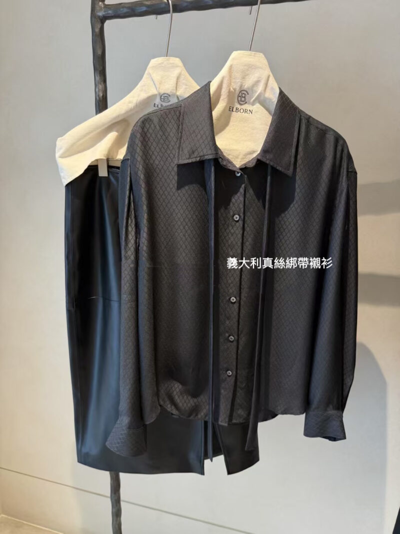 ELBORN 義大利真絲菱紋綁帶襯衫｜黑