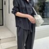 ELBORN 義大利真絲菱紋綁帶襯衫｜黑