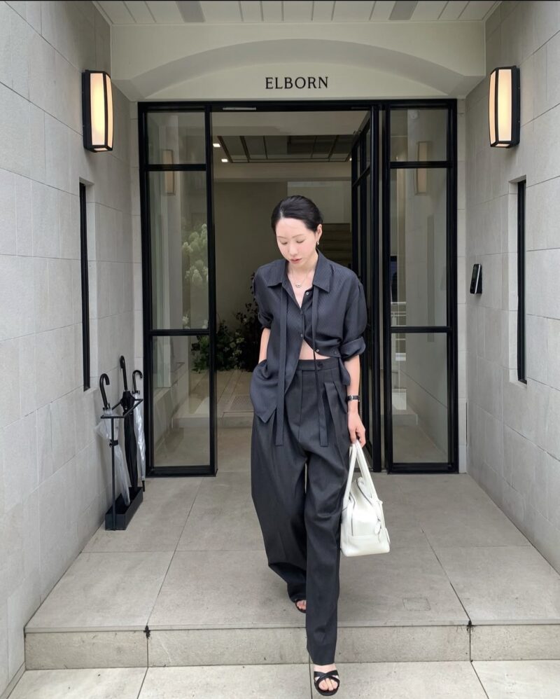 ELBORN 義大利真絲菱紋綁帶襯衫｜黑