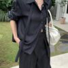 ELBORN 義大利真絲菱紋綁帶襯衫｜黑
