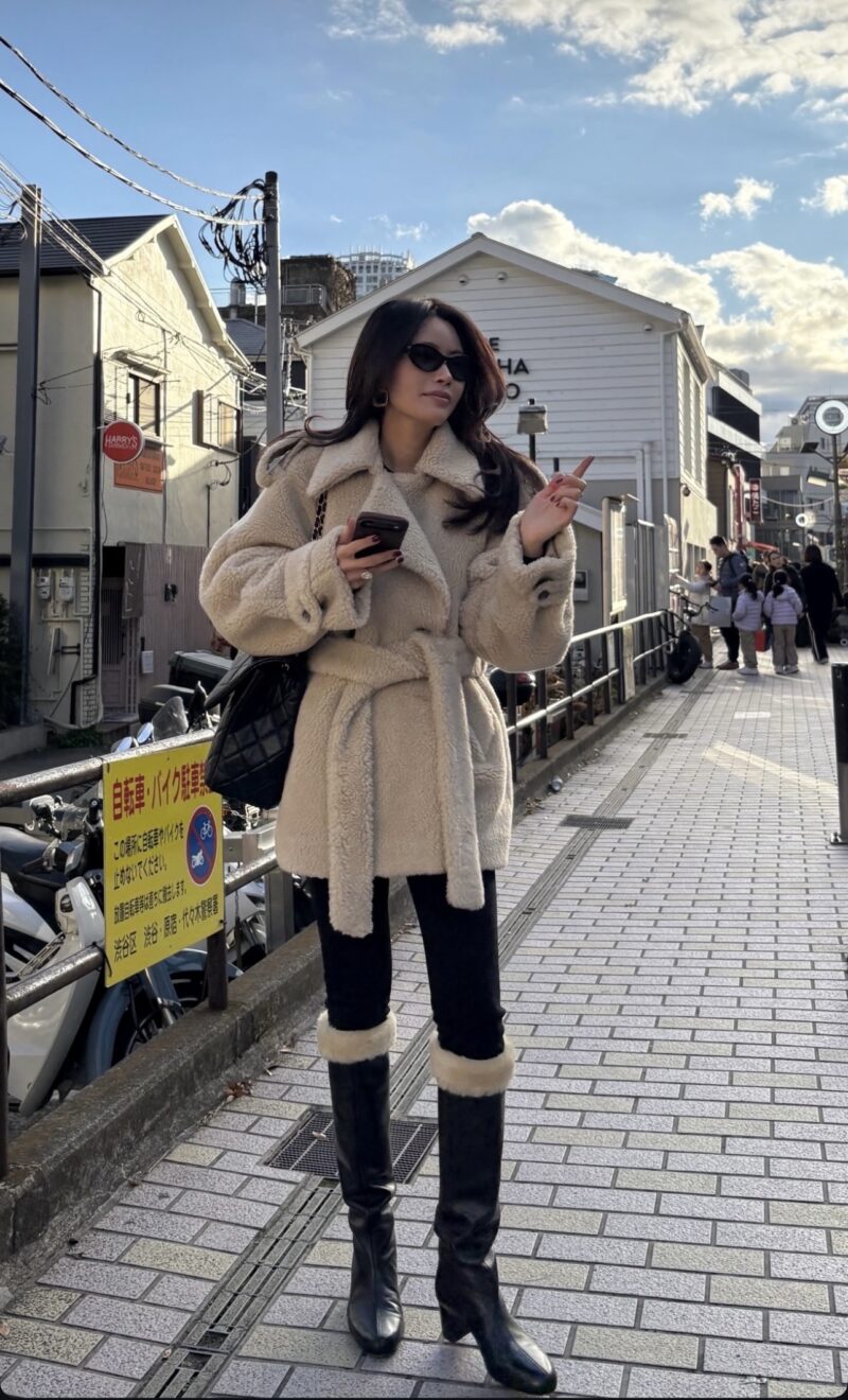 ELBORN泰迪羊羔絨雙排綁帶大衣