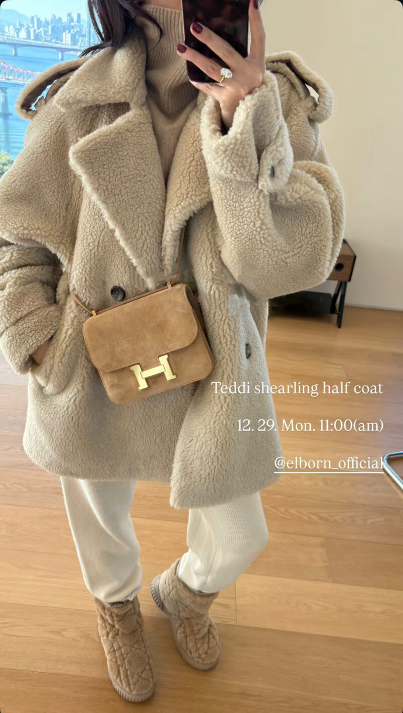 ELBORN泰迪羊羔絨雙排綁帶大衣