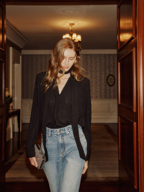 ELBORN 星光閃絲V領繫帶上衣