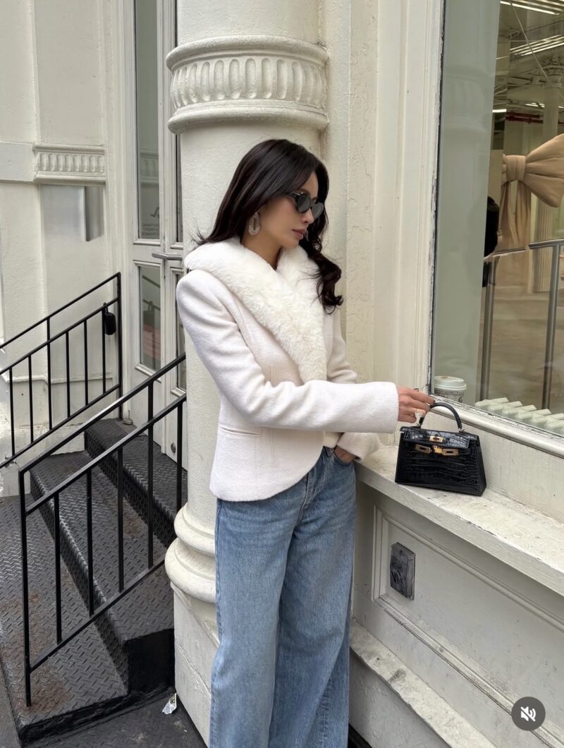 ELBORN 柔絨領羊毛收腰外套｜米白