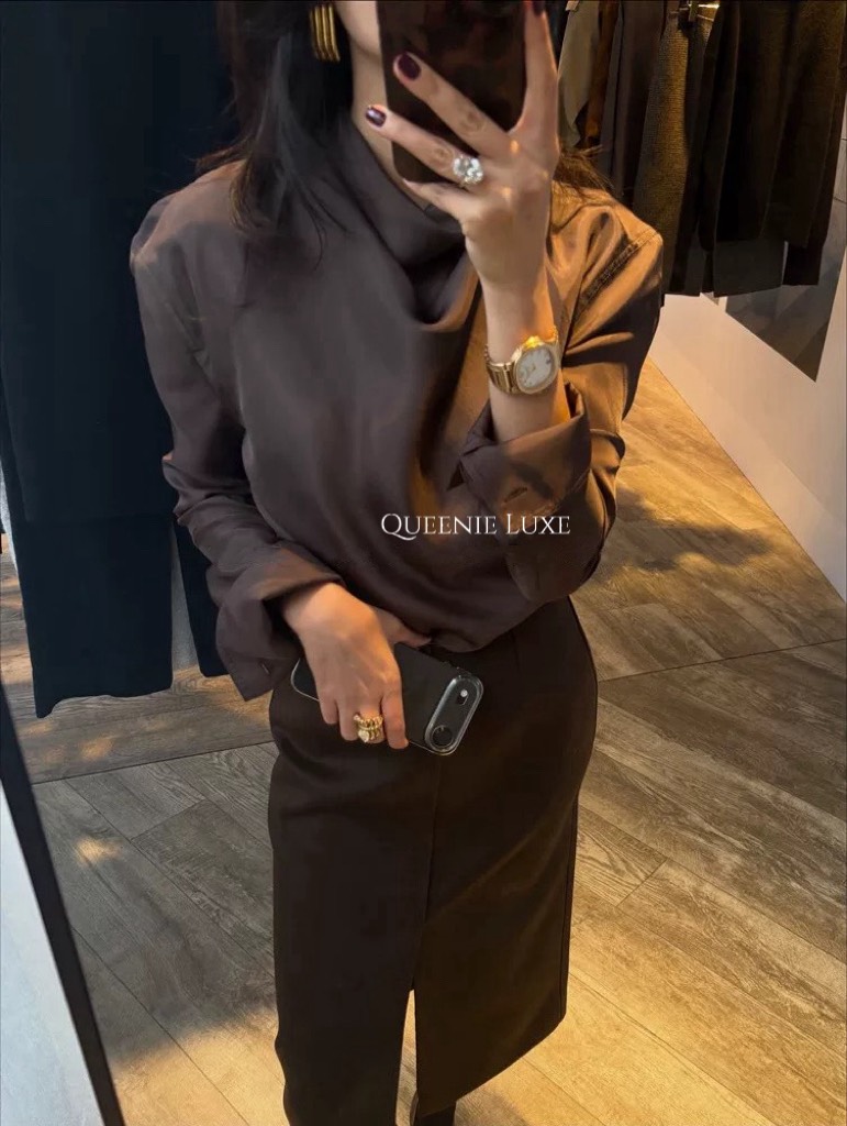 ELBORN 緞光垂領飄帶襯衫｜咖