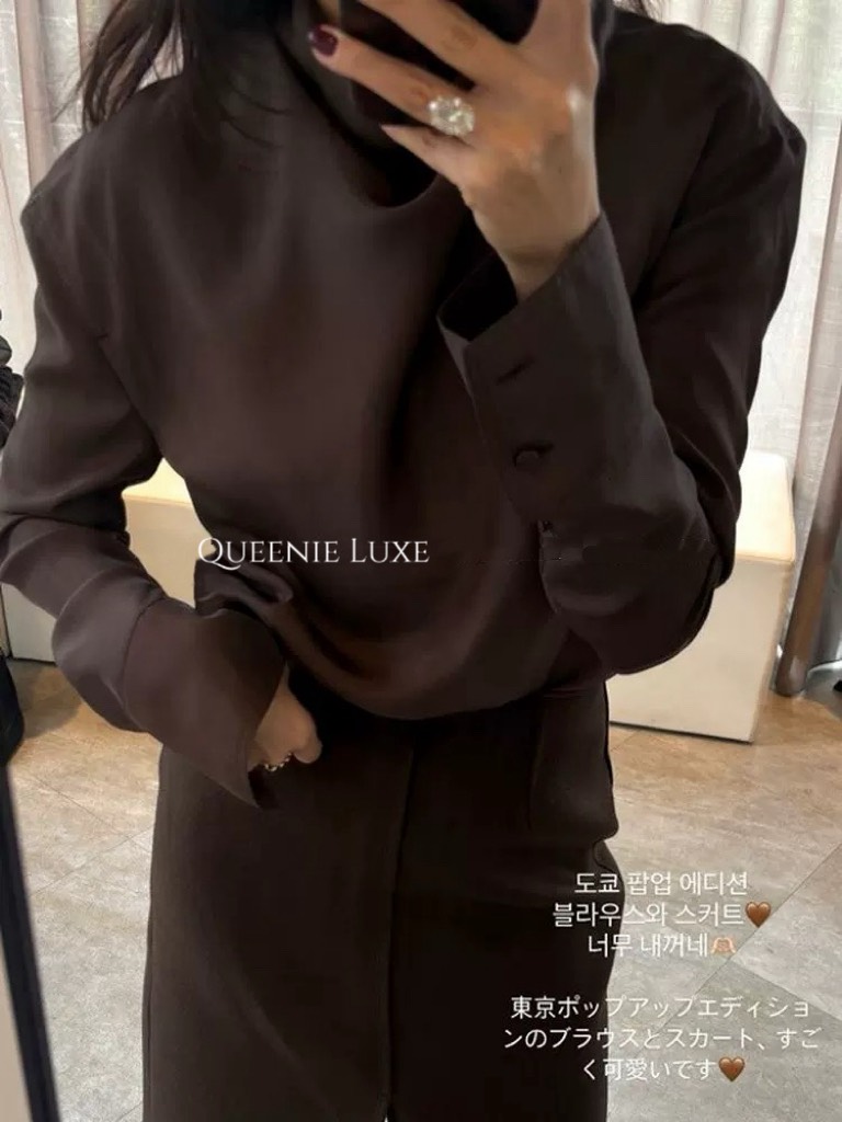 ELBORN 緞光垂領飄帶襯衫｜咖