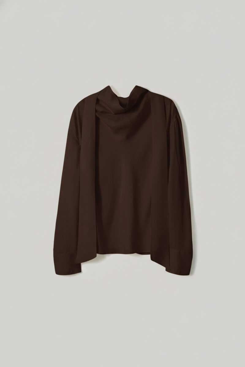 ELBORN 緞光垂領飄帶襯衫｜咖