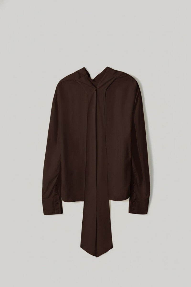 ELBORN 緞光垂領飄帶襯衫｜咖