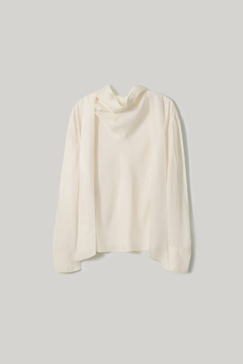 ELBORN 緞光垂領飄帶襯衫｜奶油白