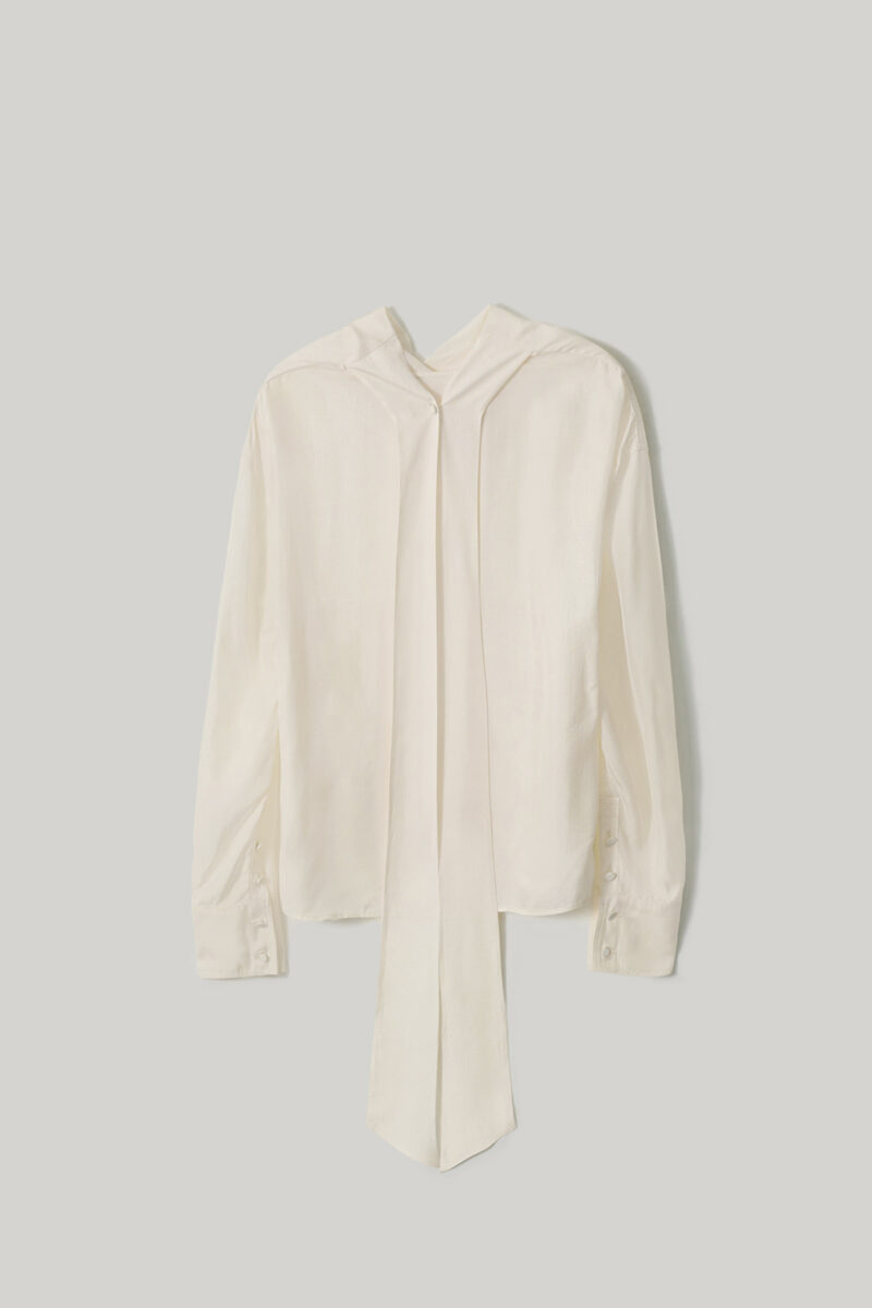 ELBORN 緞光垂領飄帶襯衫｜奶油白