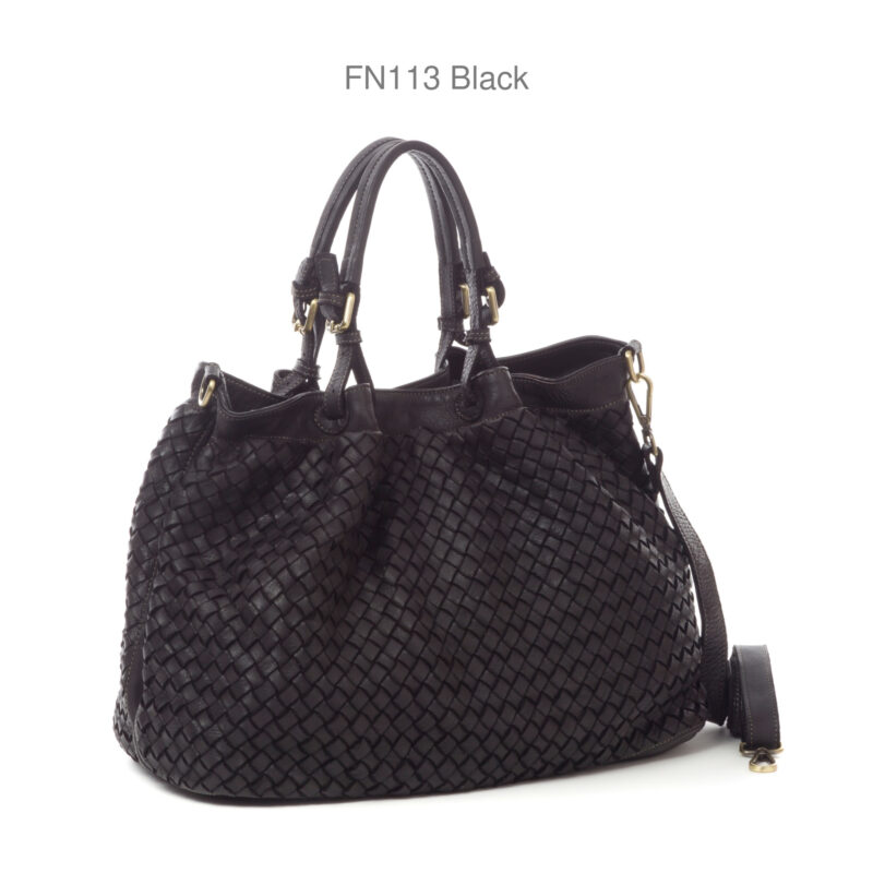FN113-black FN113 義大利水洗真皮|經典粗編織手提肩背托特包|中款(附長背帶)