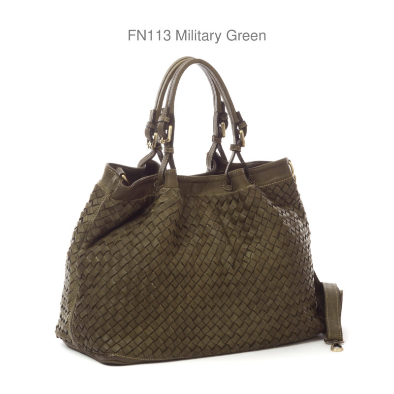 FN113-military-green FN113 義大利水洗真皮|經典粗編織手提肩背托特包|中款(附長背帶)