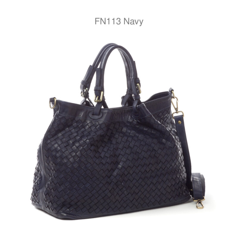 FN113-navy FN113 義大利水洗真皮|經典粗編織手提肩背托特包|中款(附長背帶)