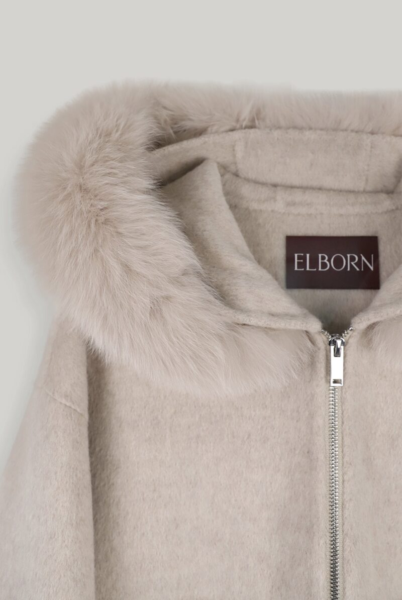 ELBORN 狐狸毛領羊絨混紡連帽夾克｜灰米色