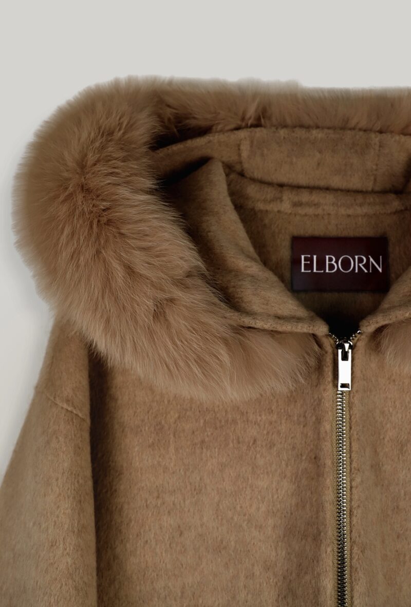 ELBORN 狐狸毛領羊絨混紡連帽夾克｜駝色