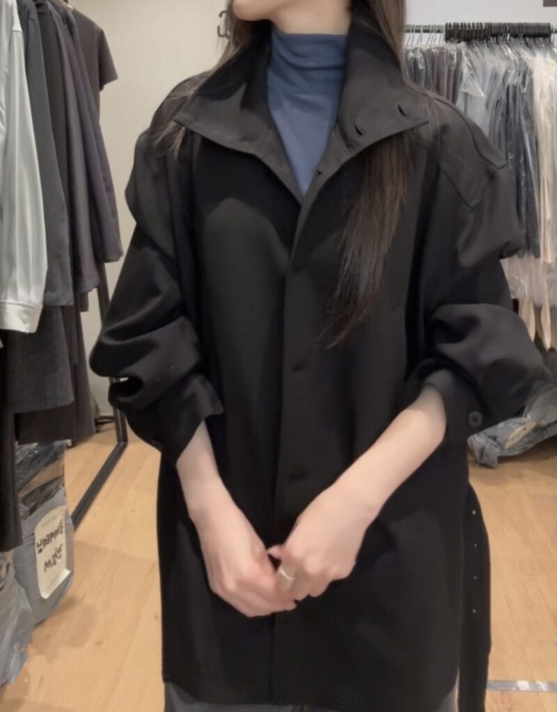 立領腰帶中短版風衣外套