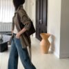 立領腰帶中短版風衣外套