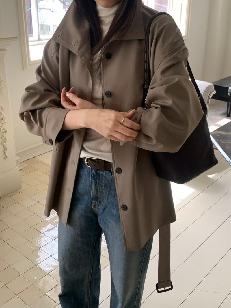 立領腰帶中短版風衣外套