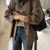 立領腰帶中短版風衣外套